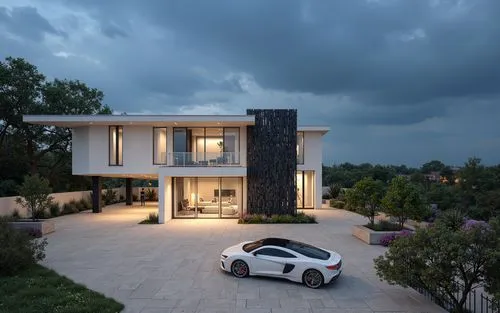 A modern, minimalist house with a sleek, contemporary design, situated on a hillside overlooking a city skyline at dusk. the house is a two-story, white, minimalist building with large glass windows a