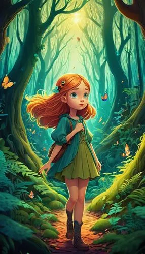 A curious cartoon girl explores a mysterious forest,merida,fae,girl with tree,fairie,children's background,eilonwy,pomponia,fairy forest,fairy tale character,forest background,cartoon video game backg