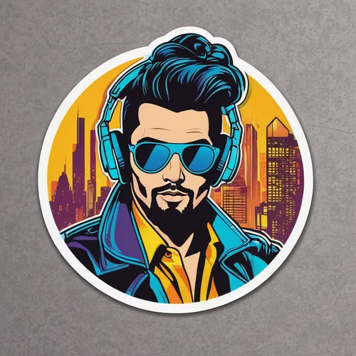 a 70s cyberpunk DJ, Light Pure background,vector illustration,vector art,vector graphic,vector design,dribbble icon,pompadour,dribbble,twitch icon,tony stark,spotify icon,pomade,vector graphics,clipar