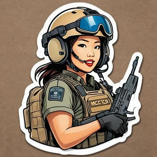create a really epic tactical asian female operator wearing a team wendy tactical helmet and carrying a mcx in a epic sticker decal that says "Girl Power"








,zofia,ela,kargan,isabela,pubg mascot