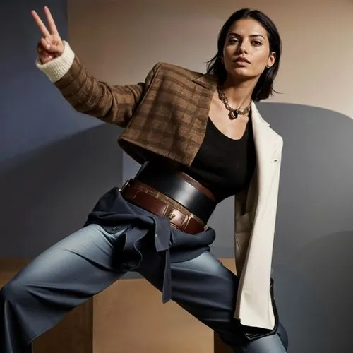 peace hand-sign, deuces,an asian woman wearing blue pants and a brown jacket,jyothika,rajakumari,matangi,bhangra,rituparno,sonakshi