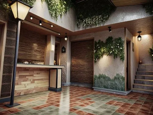 an empty restaurant with plant pots, a light and steps,hallway space,kitchen design,entryway,tile kitchen,entryways,servery,kitchen interior,modern kitchen interior,hallway,interior modern design,rend