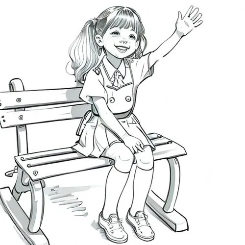 cute smiling little girl in a school uniform sitting on a park bench waving. line art vector, sketch line art,coloring pages kids,coloring pages,coloring page,girl sitting,kids illustration,girl drawi