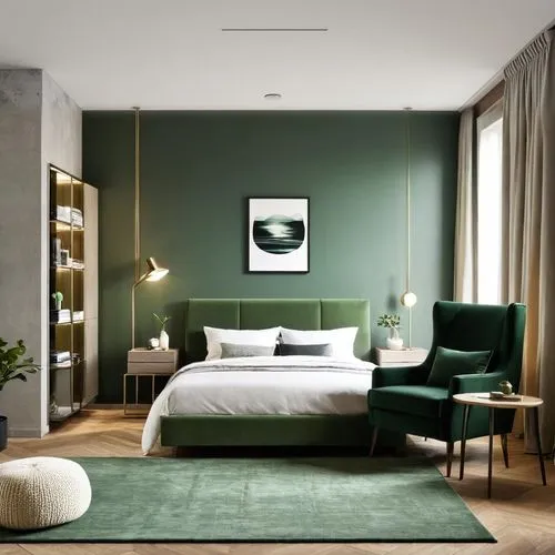 bedroom, modern style, green, natural,an elegant bedroom in shades of green and white with modern decor,modern room,modern decor,modern minimalist lounge,guest room,chambre,bedroom