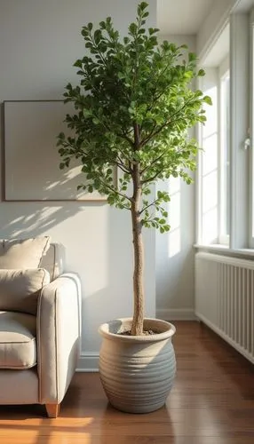 decorative tree in pot, living room,home staging,a tree in a planter next to a couch,potted tree,houseplant,intensely green hornbeam wallpaper,bonsai tree,small tree,modern decor,indoor plant,potted p