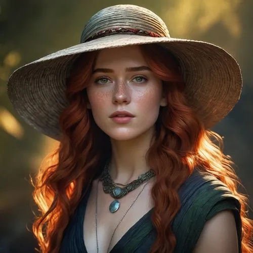 A mystical, photorealistic digital illustration or CGI render in a *Game of Thrones*-inspired, fantasy, and cinematic design style, featuring a young woman with long, wavy red hair, wearing a straw ha