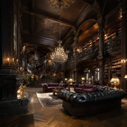 a very elegant room with leather furniture and a large staircase,ornate room,reading room,opulently,royal interior,bookshelves,great room,bookcases,opulence,book wallpaper,opulent,old library,wade roo