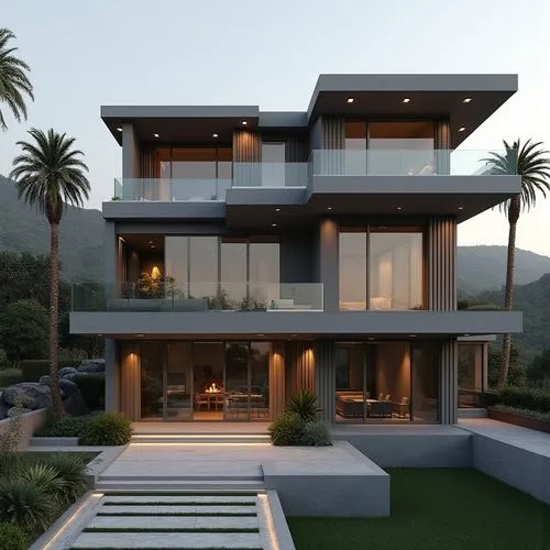 A hyper-realistic, high-resolution architectural photograph of a multi-level, contemporary luxury residence featuring a sleek, geometric design. The exterior is composed of smooth, matte charcoal-gray