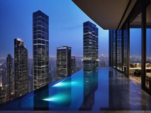 Modern luxury skyscraper, futuristic, sleek lines, glass curtain wall, metallic frames, rooftop garden, infinity pool, cityscape view, nighttime lighting, neon lights, bustling streets, urban jungle, 