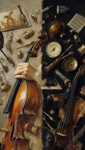 I need your creativity now. Render a 9:16 picture that mixes 2 random art styles and 2 different ways of crafting art. The subject is music. instruments, composers, bands, artists, composer. OK? Bitte