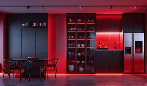 hotel room, black, red hidden lights, neon mottos,modern kitchen interior,dark cabinetry,modern kitchen,kitchen design,dark cabinets,pantry,kitchenette,modern minimalist kitchen,kitchen interior,under