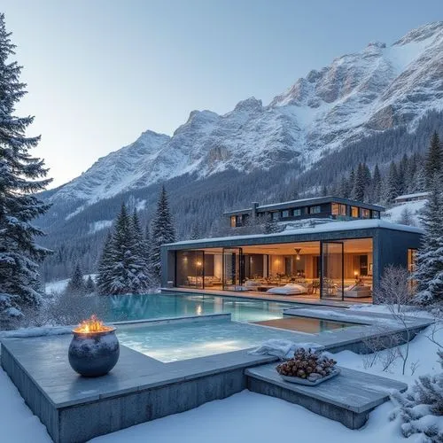Design a luxury ski-in/ski-out villa in the Alps with a glass atrium, heated terraces, and an indoor spa with mountain views.,a pool in a wintery mountain area next to a house,house in the mountains,h
