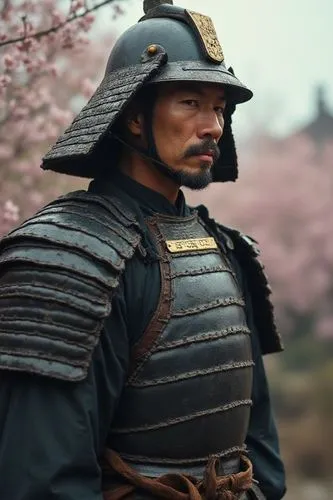 Traditional samurai warrior. Shogun. Ashikaga Shogunate. Traditional samurai armor. Helmet. In a Japanese castle. Photo. Hyper-realistic image. Perfect. Japanese landscape with cherry trees. Scene fro