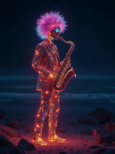 A cinematic high contrast, full length, illustration of a mesmerizing funky vibrant colorfully dressed saxophonist skeleton enveloped in a pitch-black void. The musician's luminous, frizzy wig hair an