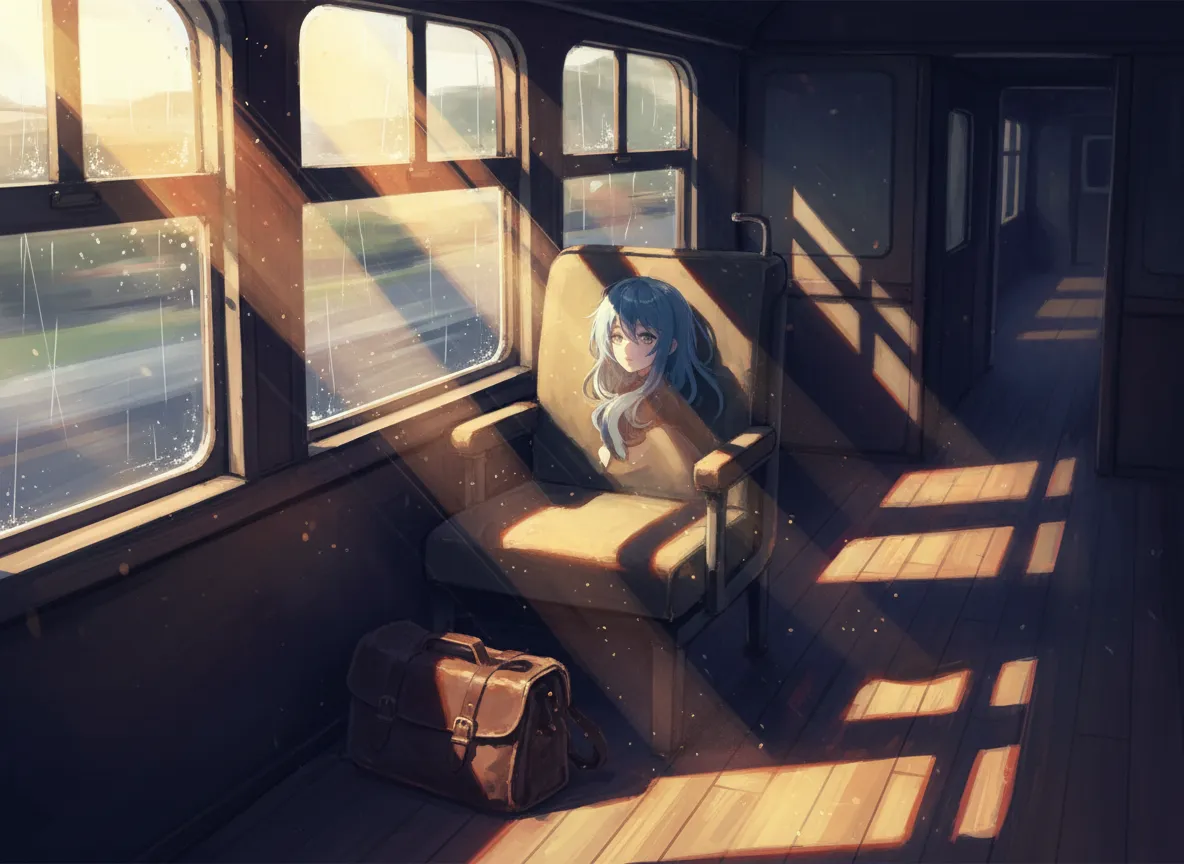 Un primo piano di un'opera d'arte IA che dimostra l'illuminazione cinematografica da anime, con raggi di sole che filtrano attraverso i finestrini di un treno creando lunghe ombre.
