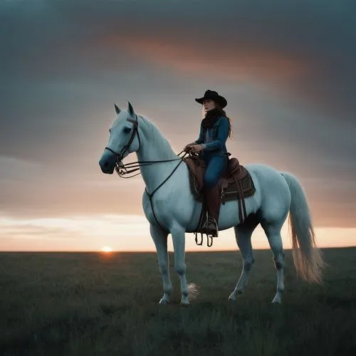 Minimalistic [beautiful cowgirl poses on the prairie with a white Arabian horse at sunset --ar 1:2 --s 750 --q 2 --v 5.1] in the style of Hungarian photographer Akos Major. The composition was made in