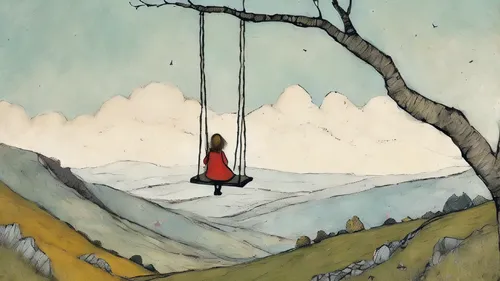 girl on a swing in the mountain,empty swing,tree with swing,wooden swing,hanging swing,woman hanging clothes,chairlift,hanged,tree swing,swing,garden swing,gondola,hanged man,swinging,tightrope walker