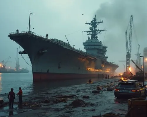 一艘正在充滿油汙,雜亂的軍港等待拆卸的航空母艦,碼頭有焊接工人在焊接,忙碌的工作,an aircraft carrier being moved away from the ocean by boats and pedestrians,shipbreaking,shipbreakers,severomorsk,drydocks,drydock,shipbuilding