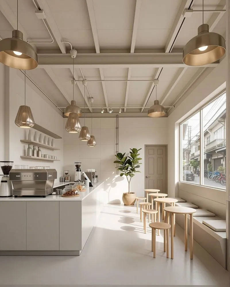 the interior of an open - air cafe with large windows