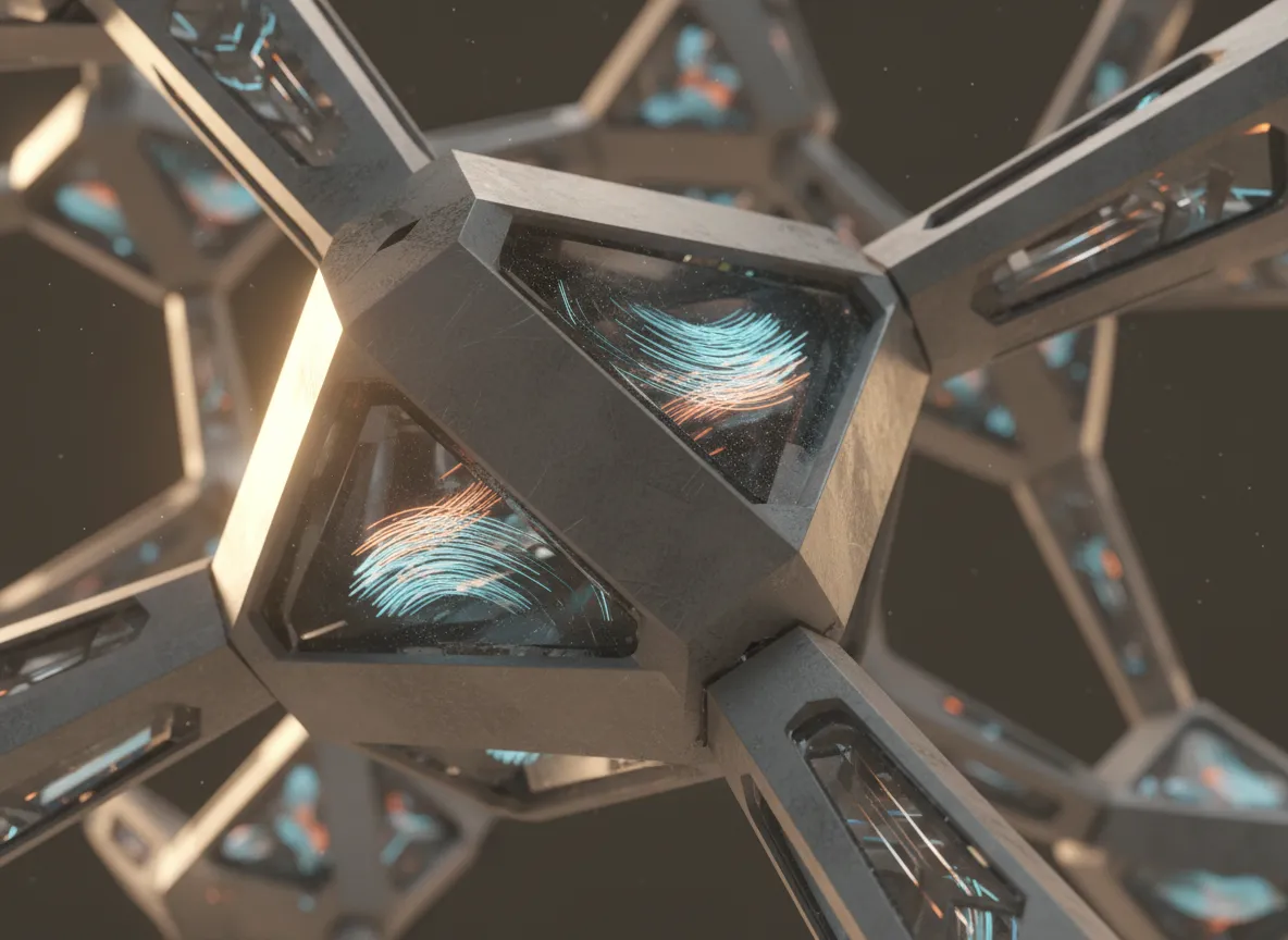 Nahaufnahme eines komplexen geometrischen Knotens in einer parametrischen Struktur, die realistische Beleuchtung und Materialtexturen zeigt.