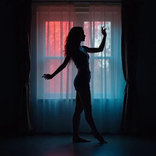A young women dancing in front of the window, only her shadow can be seen, the room is filled with darkness, only black shadow can be seen. Behind her was a large floor-to-ceiling window with curtains