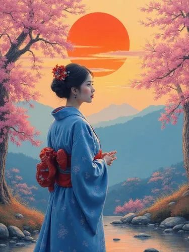 Photorealistic illustration of a woman in a blue kimono under a sunset, in a cherry blossom forest with mountains, ukiyo-e cinematic style, evoking Hokusai, --v 5 --ar 16:9 --q 2,a painting of a woman