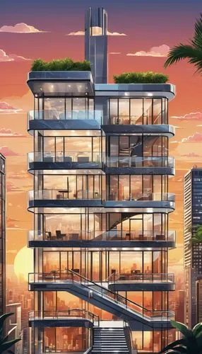 Modern, luxurious, skyscraper, cityscape, metropolitan, sleek lines, angular shapes, glass, steel, concrete, marble, grand entrance, revolving doors, high ceiling, chandelier, staircase, balcony, urba