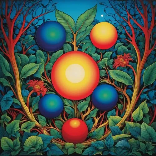 A surreal and mysterious composition drawn entirely with ink marker technique using perfect horizontal lines. Four solid gradient spheres (blue, red, green, and yellow) are grounded, each surrounded b