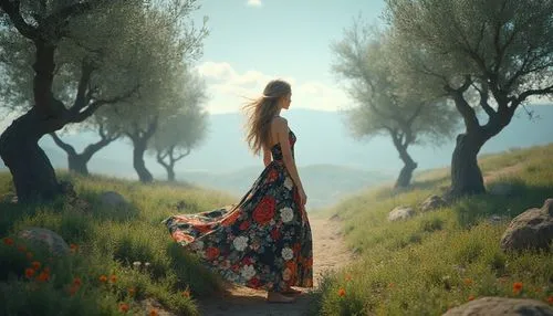 A stunning digital illustration: A woman in a vibrant floral gown, adorned in black and silver, stands in a realm of olive trees. Her bare feet, along with the serene blue skies, contrast the dynamic 