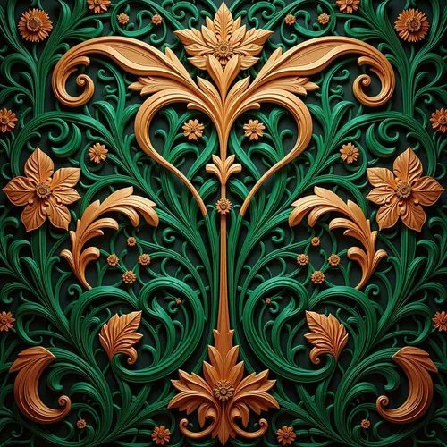 Intricate Art Nouveau patterns, flowing curves, organic forms, luxurious materials, rich jewel tones, emerald green accents, sapphire blue highlights, amber warm lighting, ornate metalwork, delicate f