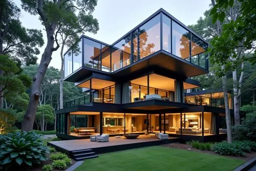 Design stunning glass-walled retreats harmonizing nature with modern elegance.,a contemporary house is seen at dusk, with stairs leading to a second story,modern house,modern architecture,cubic house,