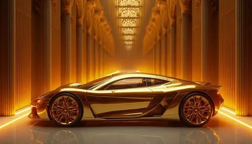 "Gold-plated futuristic sports car, grand cathedral interior, dramatic lighting, polished reflective surfaces, luxury automotive design, architectural grandeur",a golden car sitting on top of a floor 