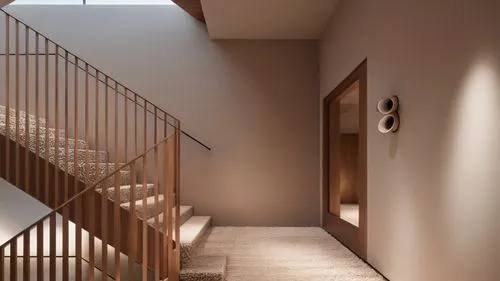 a room with a wooden staircase, carpeted floor, and a round light fixture,wooden stair railing,winding staircase,outside staircase,circular staircase,wooden stairs,stairwells,staircase,stairwell,balus