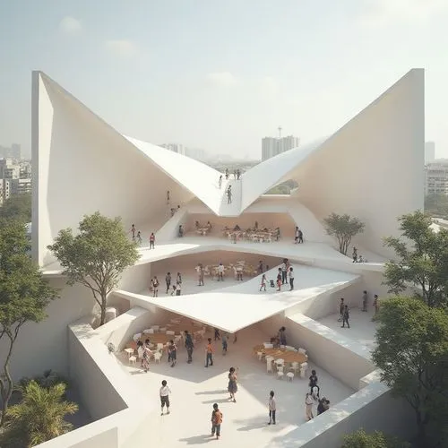 An urban rooftop school inspired by paper folding — origami-like white canopies, flexible classroom spaces, and Indian schoolchildren playing, learning, and laughing in midair volumes.",the interior o