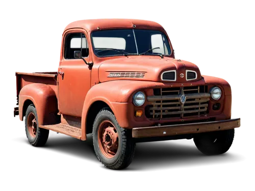 Old Ford truck, rusty patina, vintage license plate, worn-out tires, classic headlights, bold grille, faded red paint, rugged suspension, dusty wheels, nostalgic atmosphere, morning sunlight, 3/4 comp