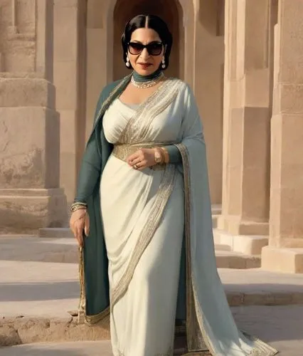 um kalthoum,the indian woman is standing in a white saree,a floor-length dress,maharani,caftan,begum,kaftan,archduchess,rani,girl in a historic way,sari,noblewoman,imperial coat,maharaja,maharajahs,ca