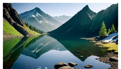 Mountain landscape, misty atmosphere, rugged rocks, towering peaks, snow-capped summit, green trees scattered, winding mountain trail, serene lake reflection, warm sunlight casting long shadows, 3/4 c