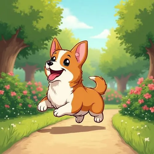 A cheerful cartoon illustration of a happy Pembroke Welsh Corgi (red and white) enthusiastically running along a path in a sunny park. The Corgi has its tongue out and a joyful expression. The park se
