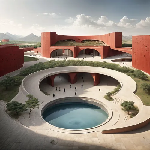architectural plan for a building of (Song dynasty:1.2), red walls, round waving shape, (Tadao Ando style: 1.3),  inspired by Zha Shibiao, conceptual art, rammed earth courtyard, buddhist architecture
