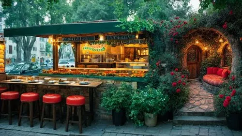 уличный ресторан,a small business with outdoor seating next to a street,patios,unique bar,tavernas,beer garden,a restaurant,bistro,cabanas,patio,watercolor tea shop,alpine restaurant,wine bar,cabana,t