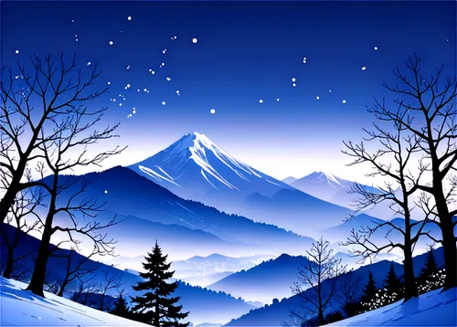 Winter silhouette, snowy mountain range, frosty trees, bare branches, snowflakes gently falling, misty atmosphere, warm backlight, low-angle shot, dramatic composition, mysterious mood, dark blue tone