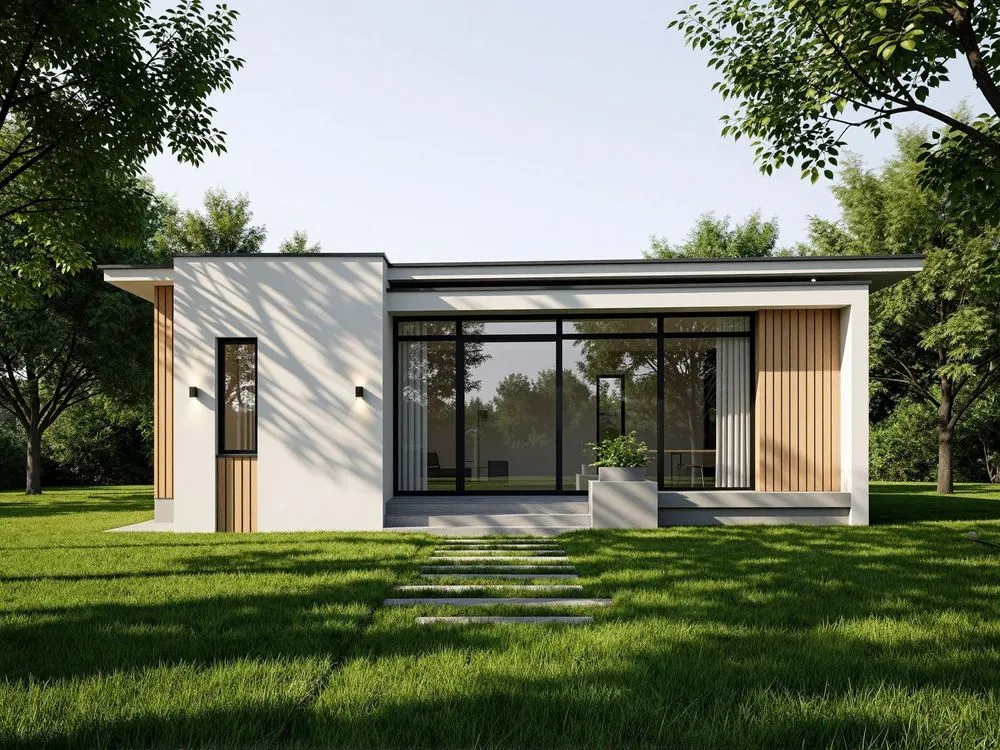 a small white house with some windows in the grass