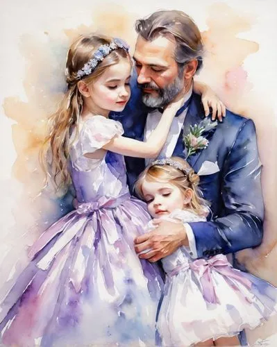 father and his little girls, dressed in fancy dresses, hugging,a father and daughter emce while dressed in formal clothing,father and daughter,father,father's love,mother and father,happy father's day