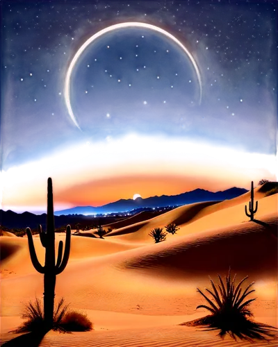 Desert landscape, nighttime, starry sky, crescent moon, sandy dunes, cactus silhouettes, misty atmosphere, warm lighting, low-angle shot, 3/4 composition, shallow depth of field, cinematic mood, mysti