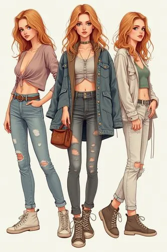 a full body fashion woman, chic and rock and roll, strawberry blonde, blue eyes, with 3 differents outfit. Fashion illustration.


,three beautiful women standing next to each other,fashion vector,dre