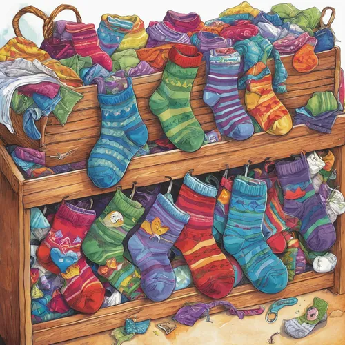 In a thrilling adventure, a group of friends embark on a quest to find the missing socks from a cursed sock drawer.,sock yarn,children's socks,odd socks,watercolour socks,watercolor socks,different so
