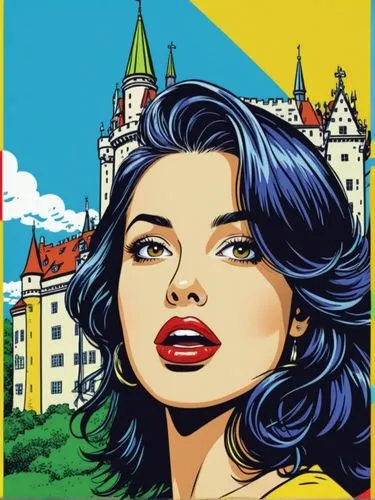 Make an introductory picture of this Sigmaringen princely castle for a graphic novel in pop Roy Lichtenstein comic style (USA), with clear lines and grid dot areas, in the art style of Roy Lichtenstei