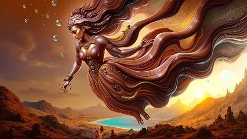 A surreal, dreamlike landscape unfolds with organic, biomorphic architecture and swirling, abstract forms. In the foreground, a colossal, stylized human head occupies the right side, its intricate, ve