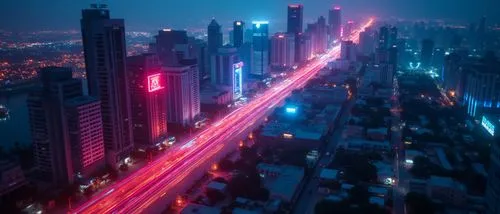 miami beach,cyberpunk,a city filled with tall buildings and a street filled with traffic,shanghai,city highway,light trail,long exposure,light trails,city at night,highway lights,outrun,metropolis,cyb