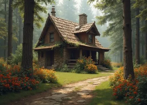 Old mocha house in forest, flowers are blooming,  pine-tree,  planty house style, including a windmill , ,this is a picture of a house in the woods,house in the forest,lonely house,summer cottage,litt